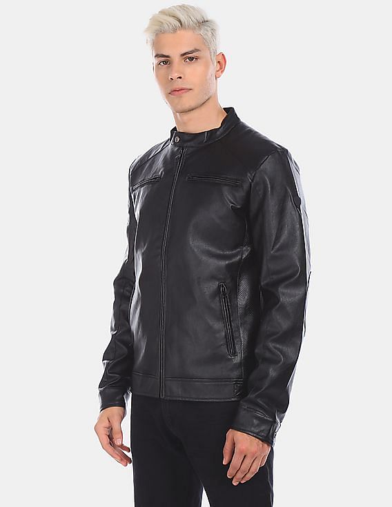 U.S. Polo Assn. Men Black Mandarin Collar Solid Biker Jacket