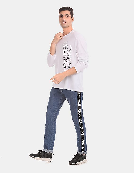 Calvin Klein Men White Full Sleeve Printed Cotton T-Shirt