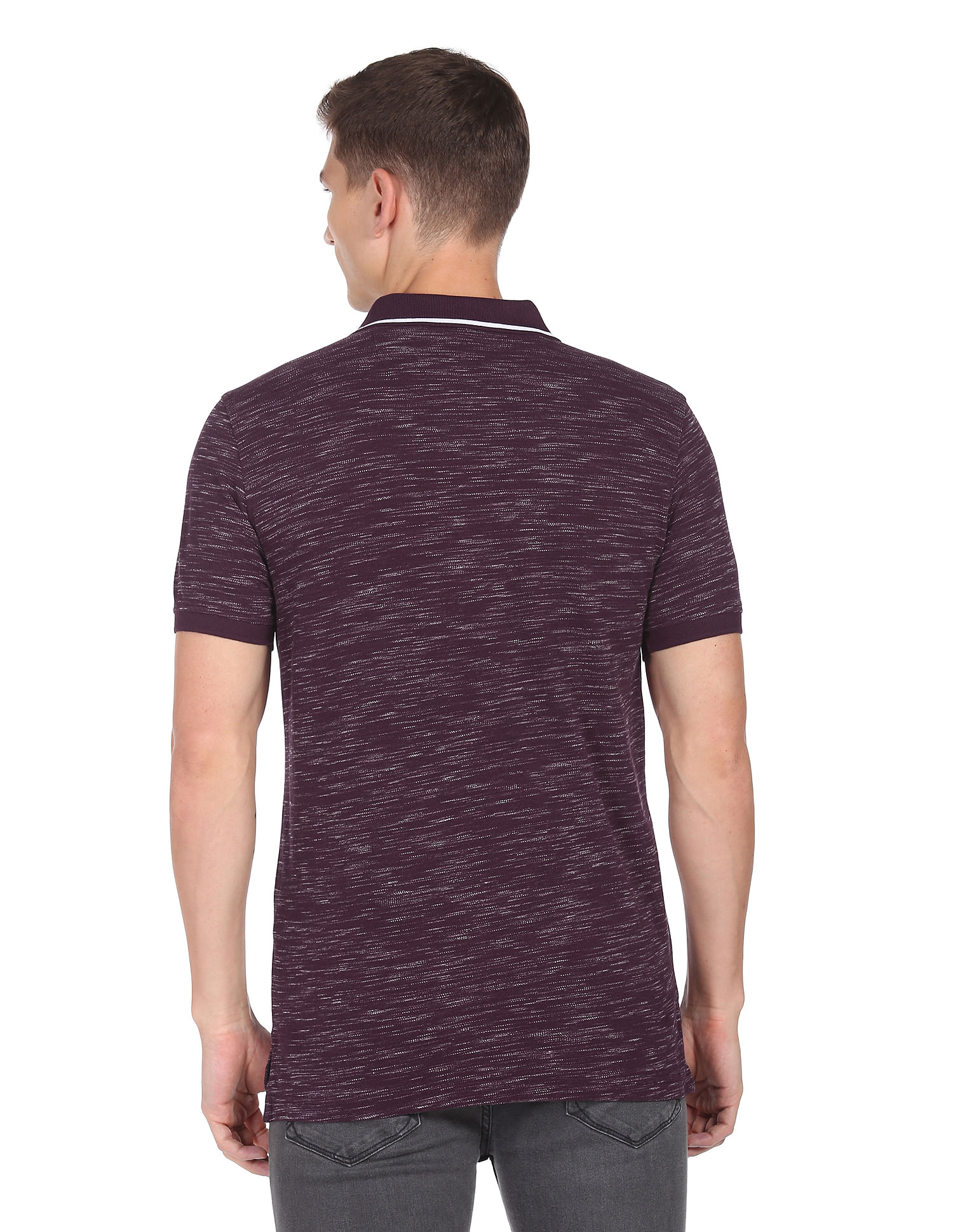 Arrow Sports Striped Collar Heathered Cotton Polo Shirt