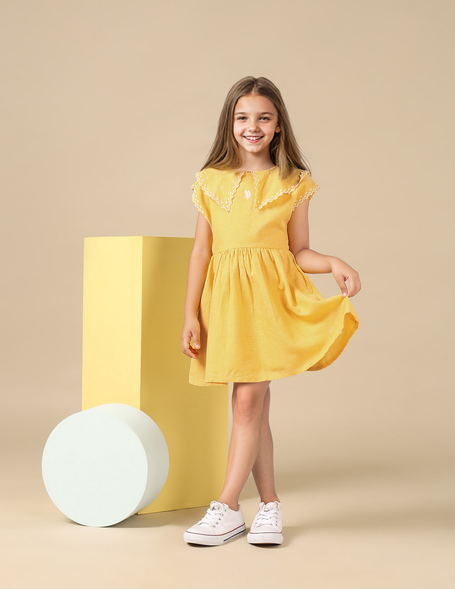 U.S. Polo Assn. Kids Girls Embroidered Collar Pure Cotton Dress