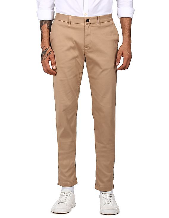 Tommy Hilfiger Men Light Khaki Tapered Slim Fit Tech Stretch Twill Casual Trousers