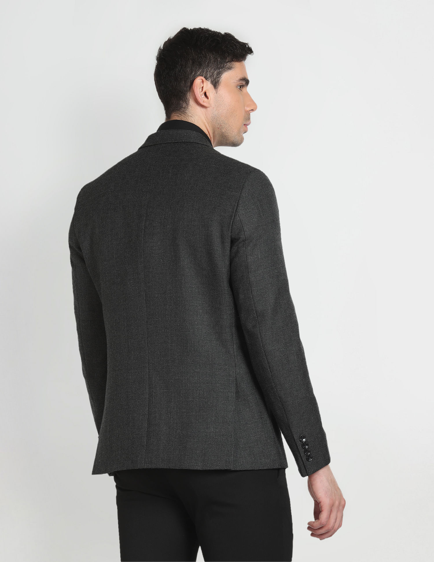 Arrow Notch Lapel Collar Patterned Knit Blazer