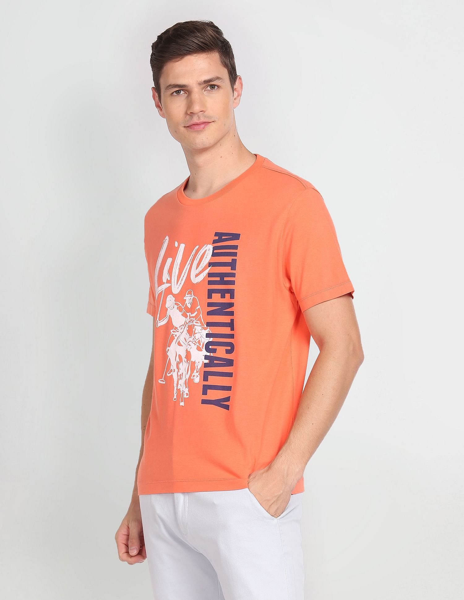 Buy U.S. Polo Assn. Men Peach Cotton Graphic Print T-Shirt - NNNOW.com