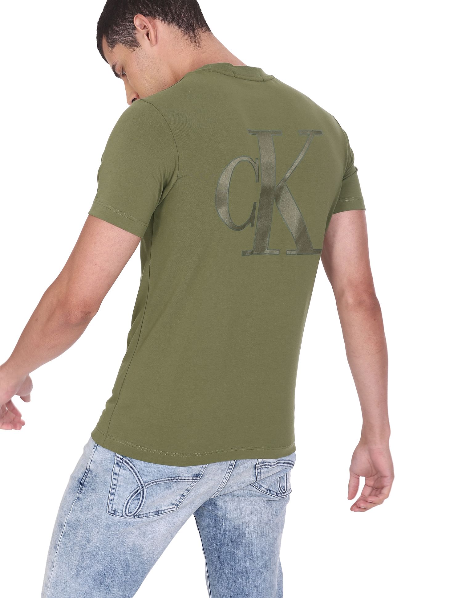 Calvin Klein Men Green Crew Neck Solid Cotton T-Shirt