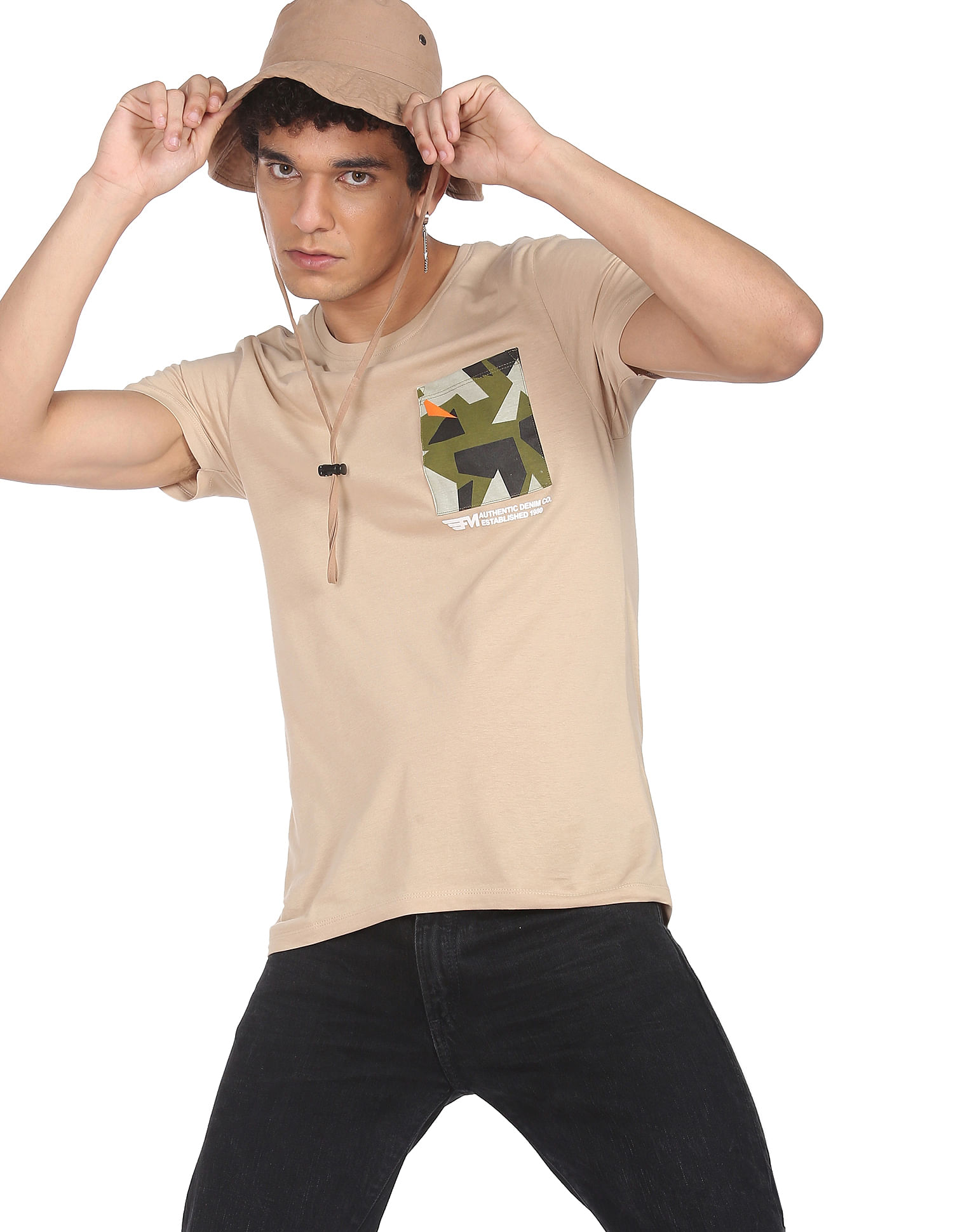 Flying Machine Patch Pocket Solid Cotton T-Shirt