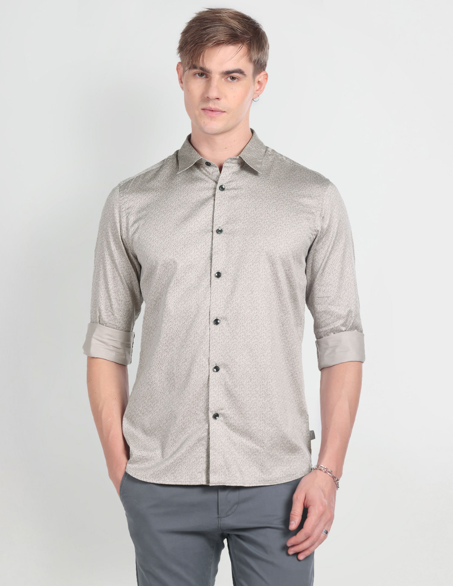 Flying Machine Geometric Print Twill Shirt