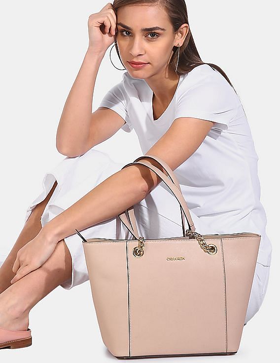 Buy Calvin Klein Women Off White And Brown Metallic Chain Trim Strap  Allover Monogram Tote Bag - NNNOW.com