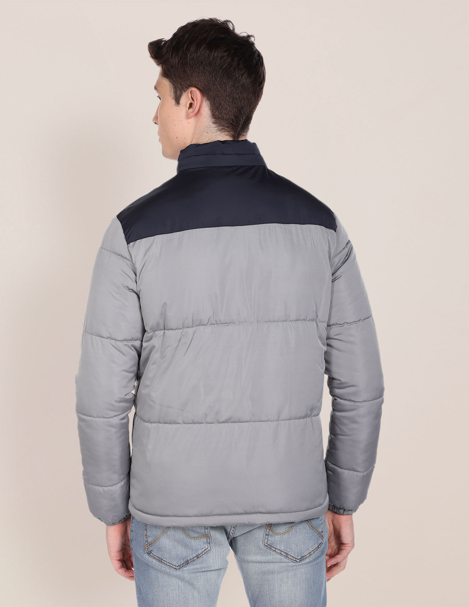 U.S. Polo Assn. High Neck Colour Block Puffer Jacket, Grey (S)