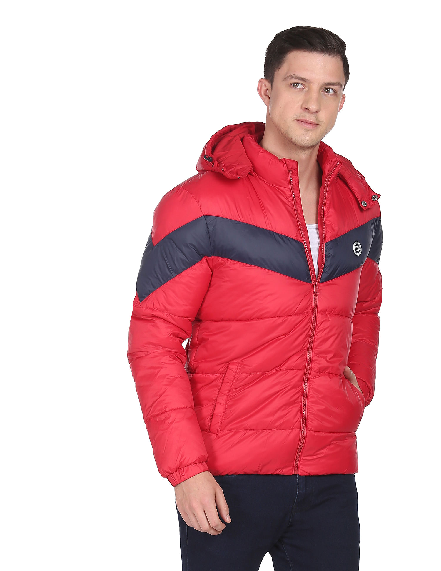 Buy . Polo Assn. Men Red Detachable Hood Colour Block Jacket 