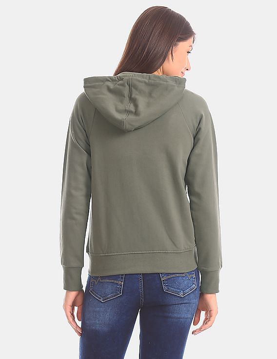Aeropostale Women Green Brand Logo Hooded Zip Up Sweatshirt