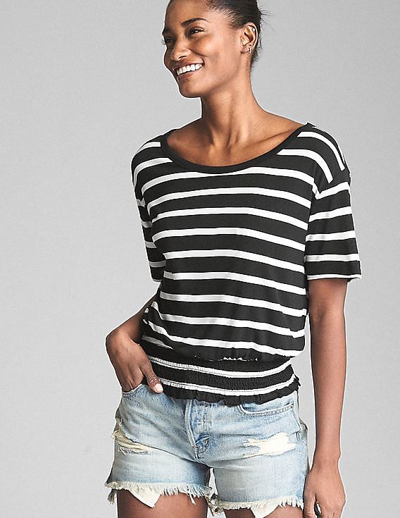 Buy GAP Women Black Short Sleeve Stripe Smocked Hem Top NNNOW