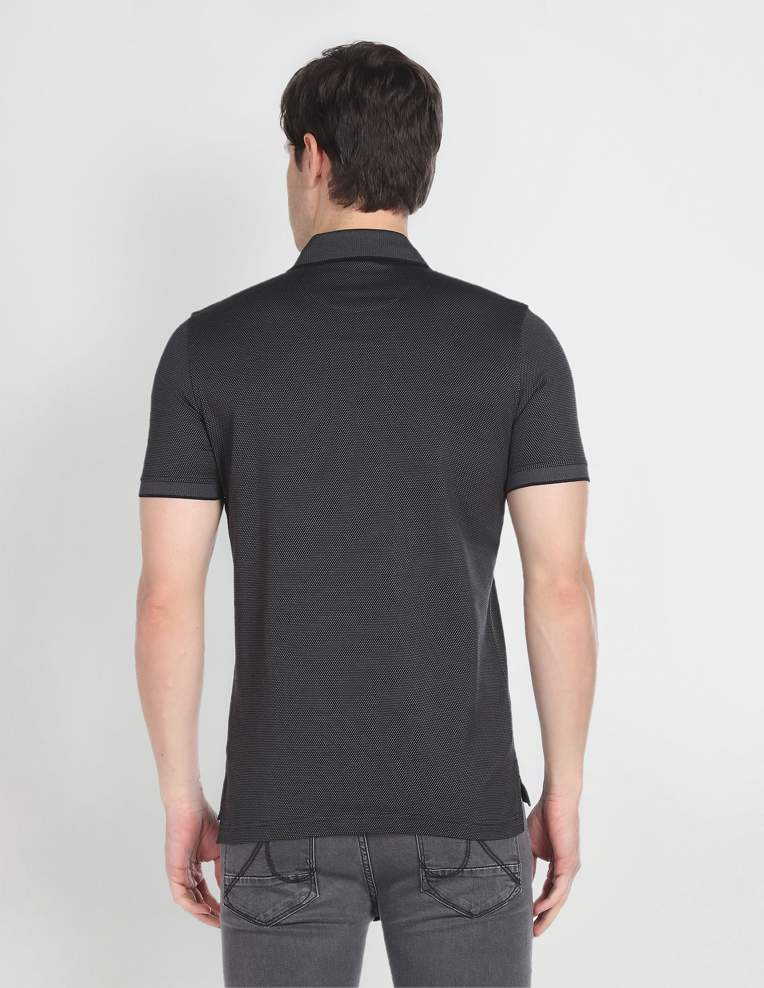 Arrow Ribbed Collar Patterned Knit Polo Shirt