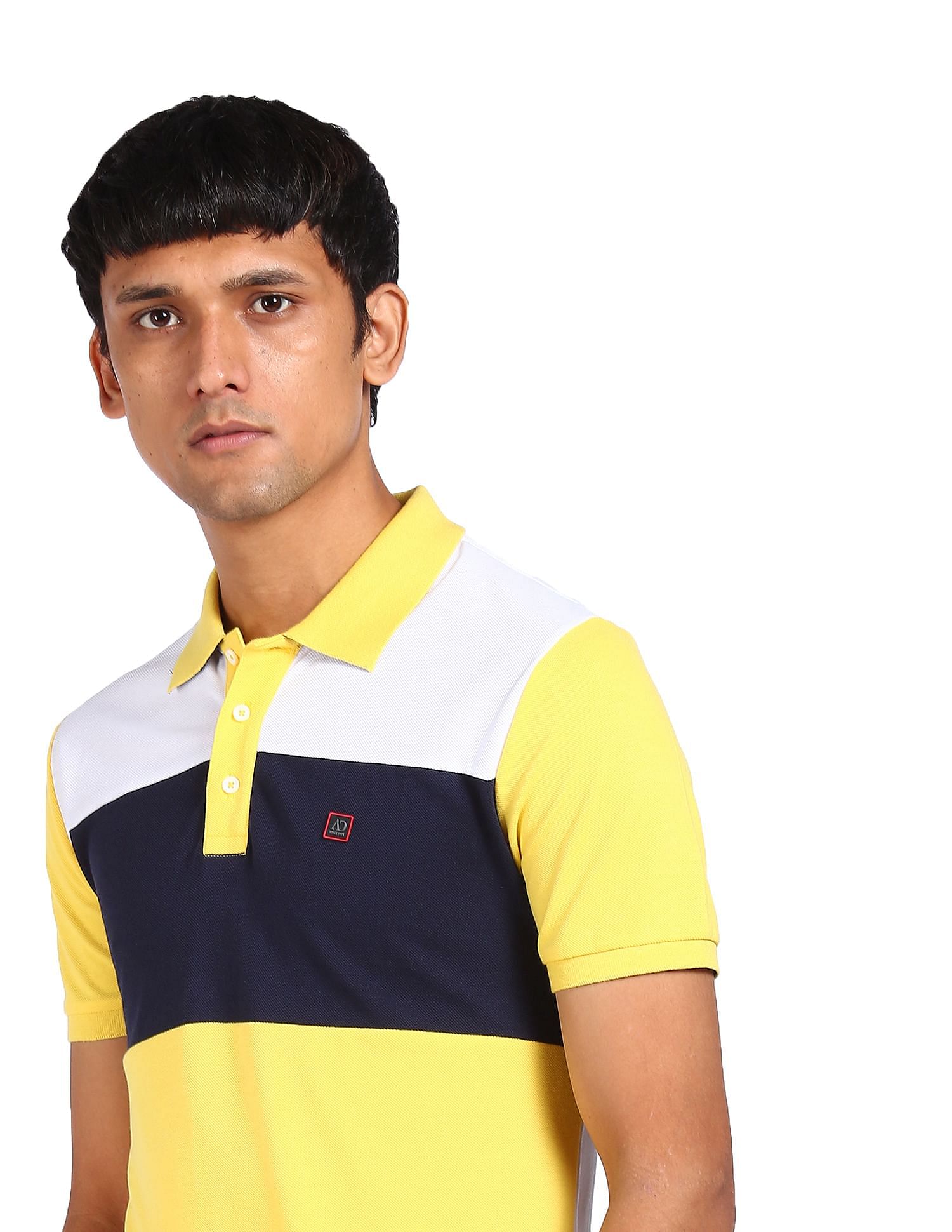 Buy AD by Arvind Men Navy And Yellow Cotton Colour Block Logo Polo Shirt -  NNNOW.com