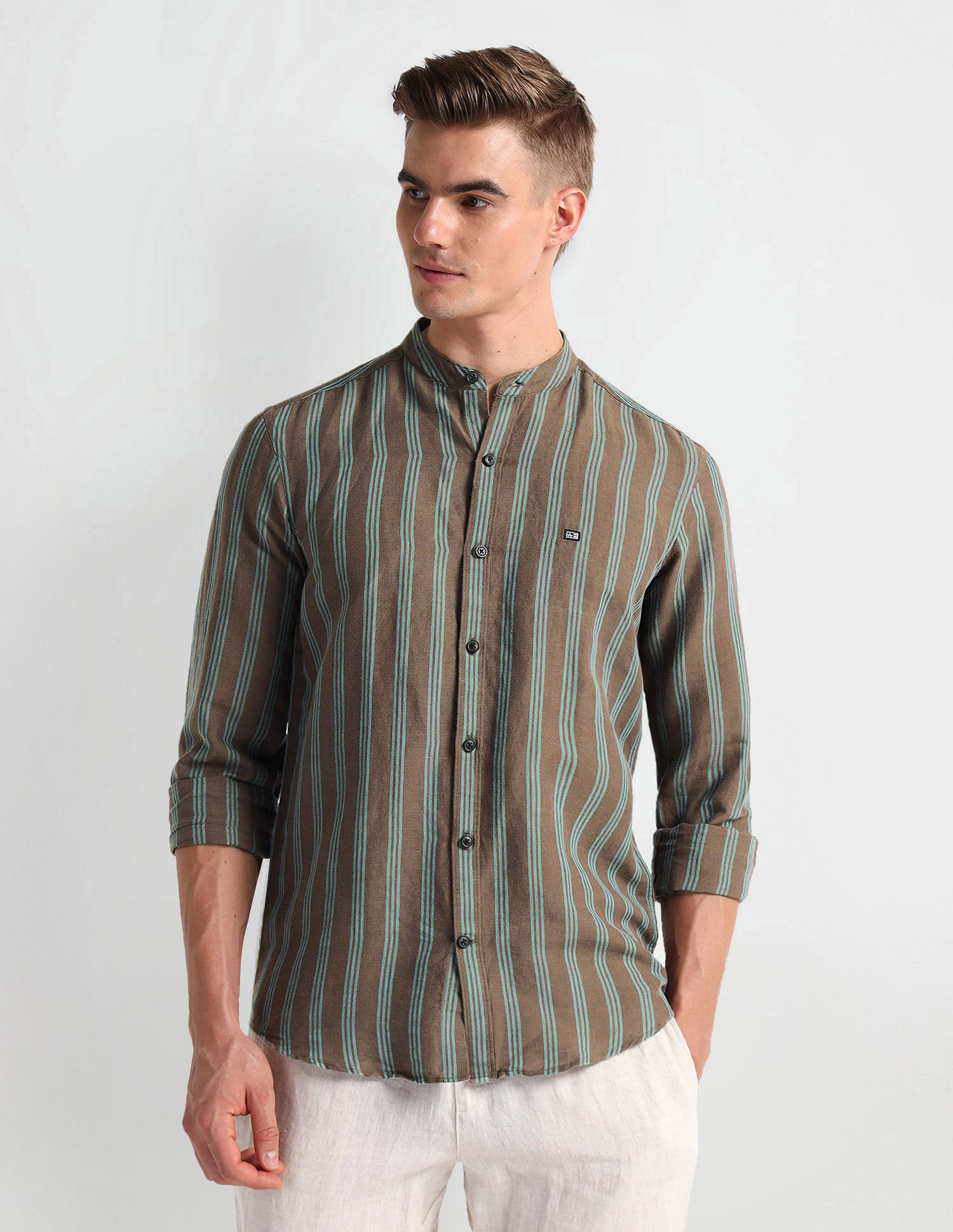 Arrow Sports Mandarin Collar Vertical Stripe Shirt