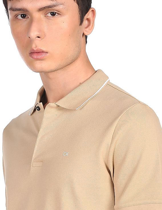 Calvin Klein Men Beige Cotton Stretch Tipped Pique Polo Shirt