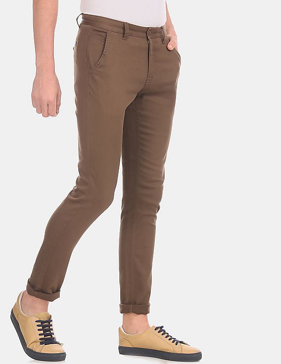 Buy Flying Machine Men Brown Solid Cotton Stretch Mid Waist Casual Trousers  - NNNOW.com