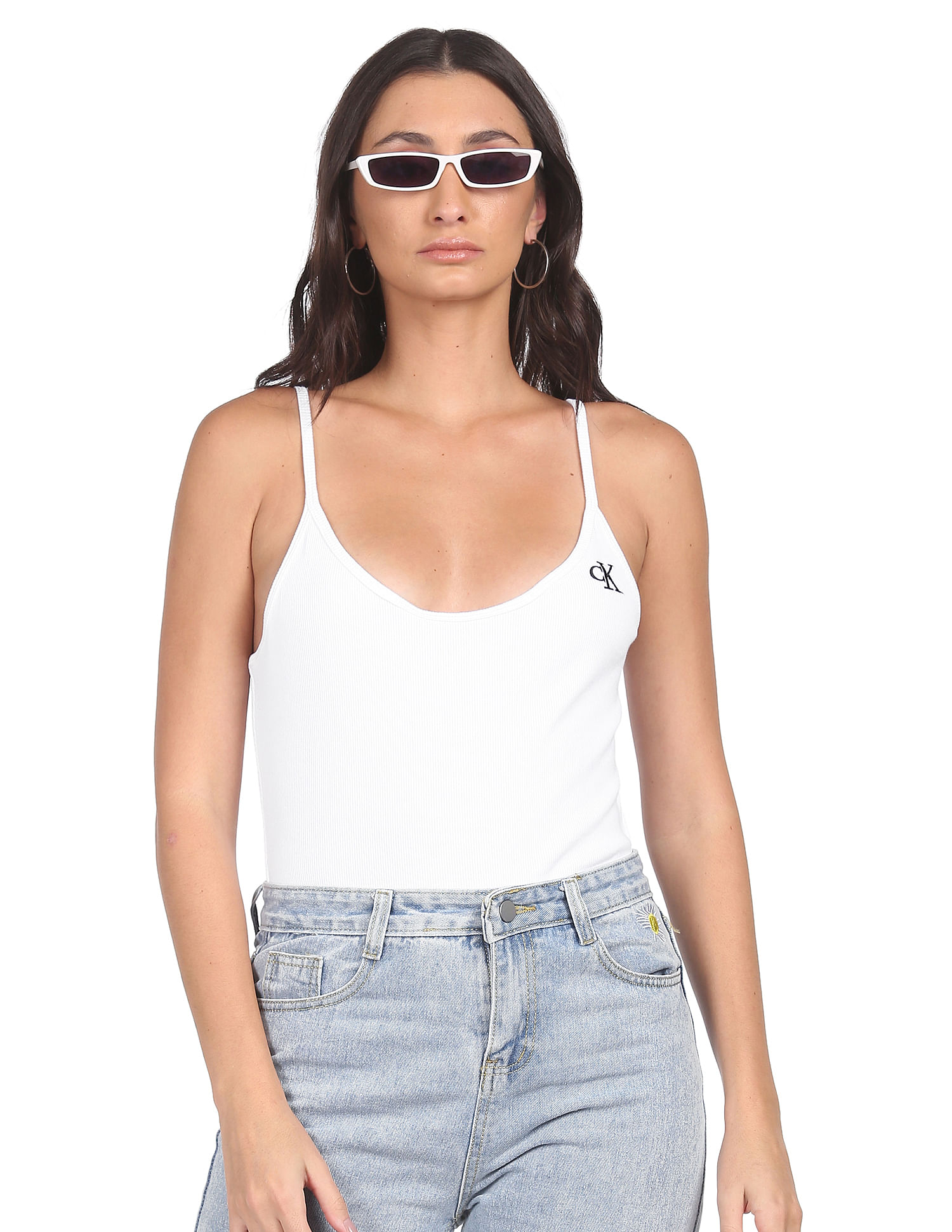 Buy Calvin Klein Jeans Women White Scoop Neck Sleeveless Logo