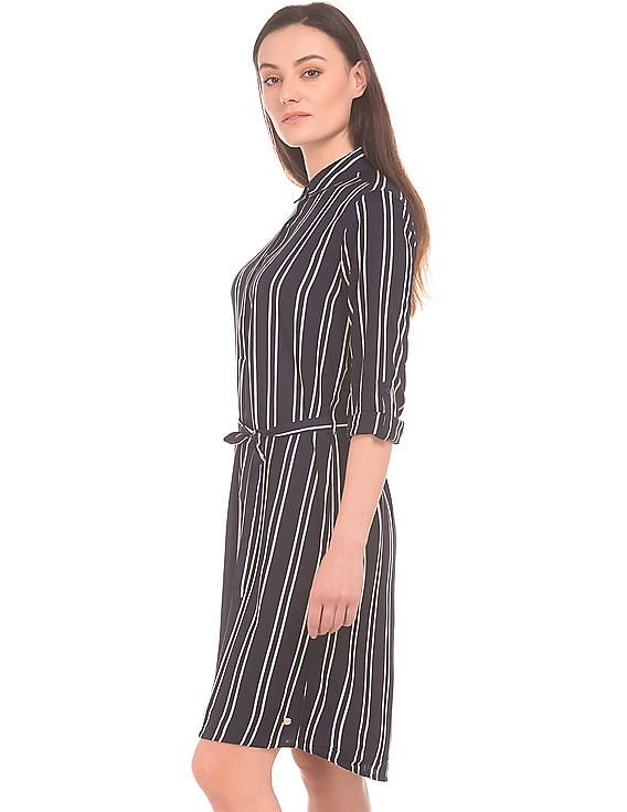 striped belted shirt dress