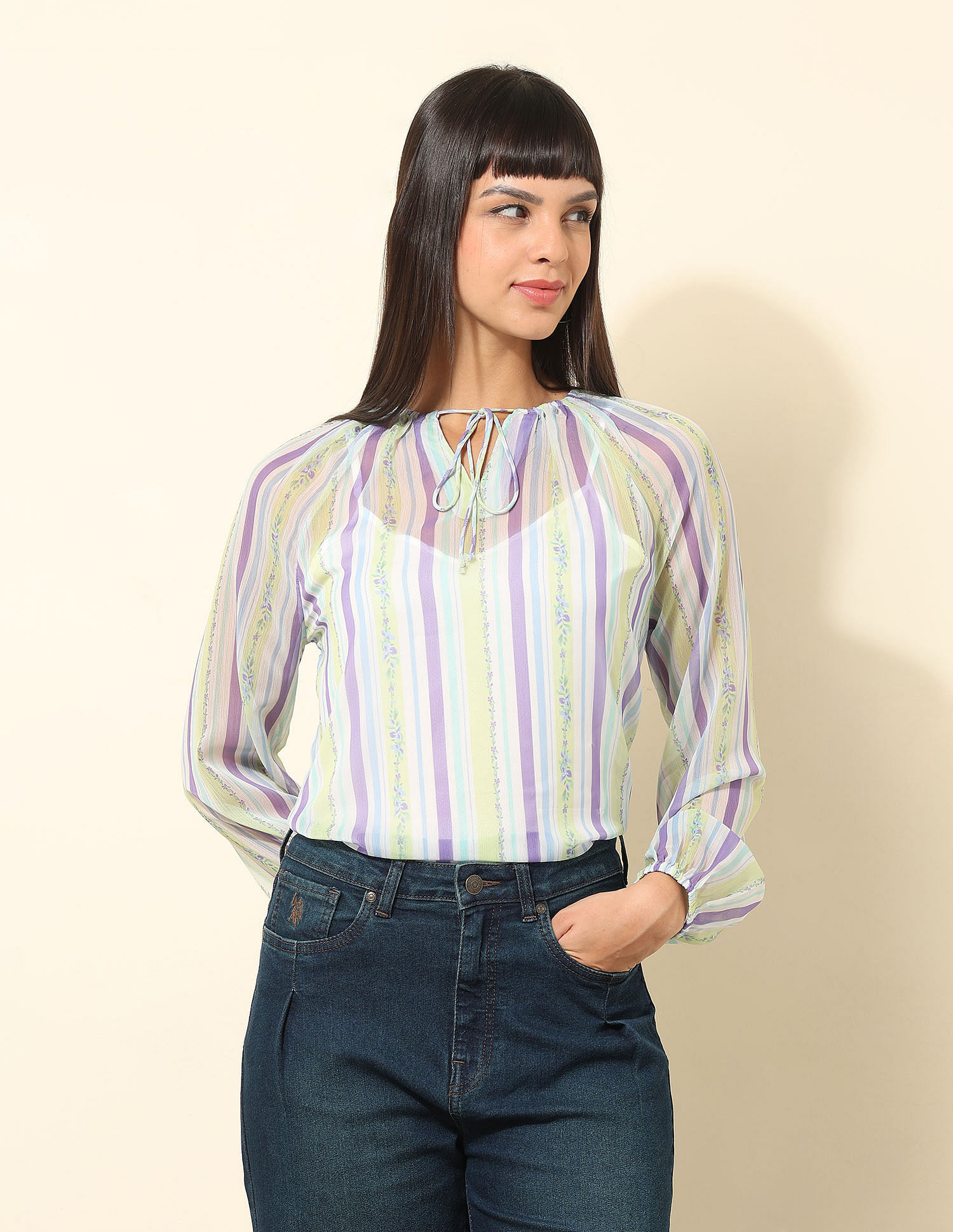 U.S. Polo Assn. Women Chiffon Sheer Vertical Striped Top