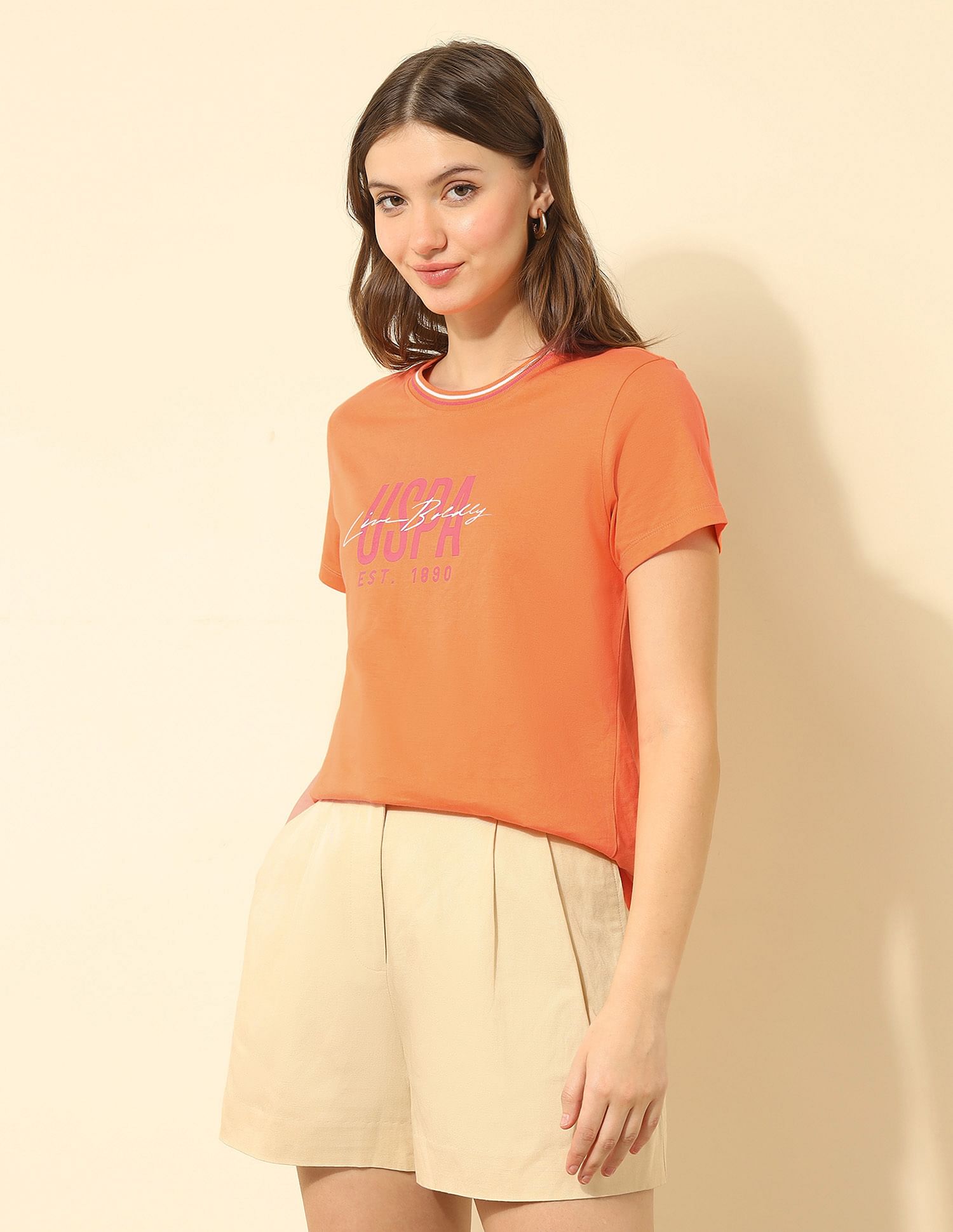 U.S. Polo Assn. Women Regular Fit Brand Printed T-Shirt