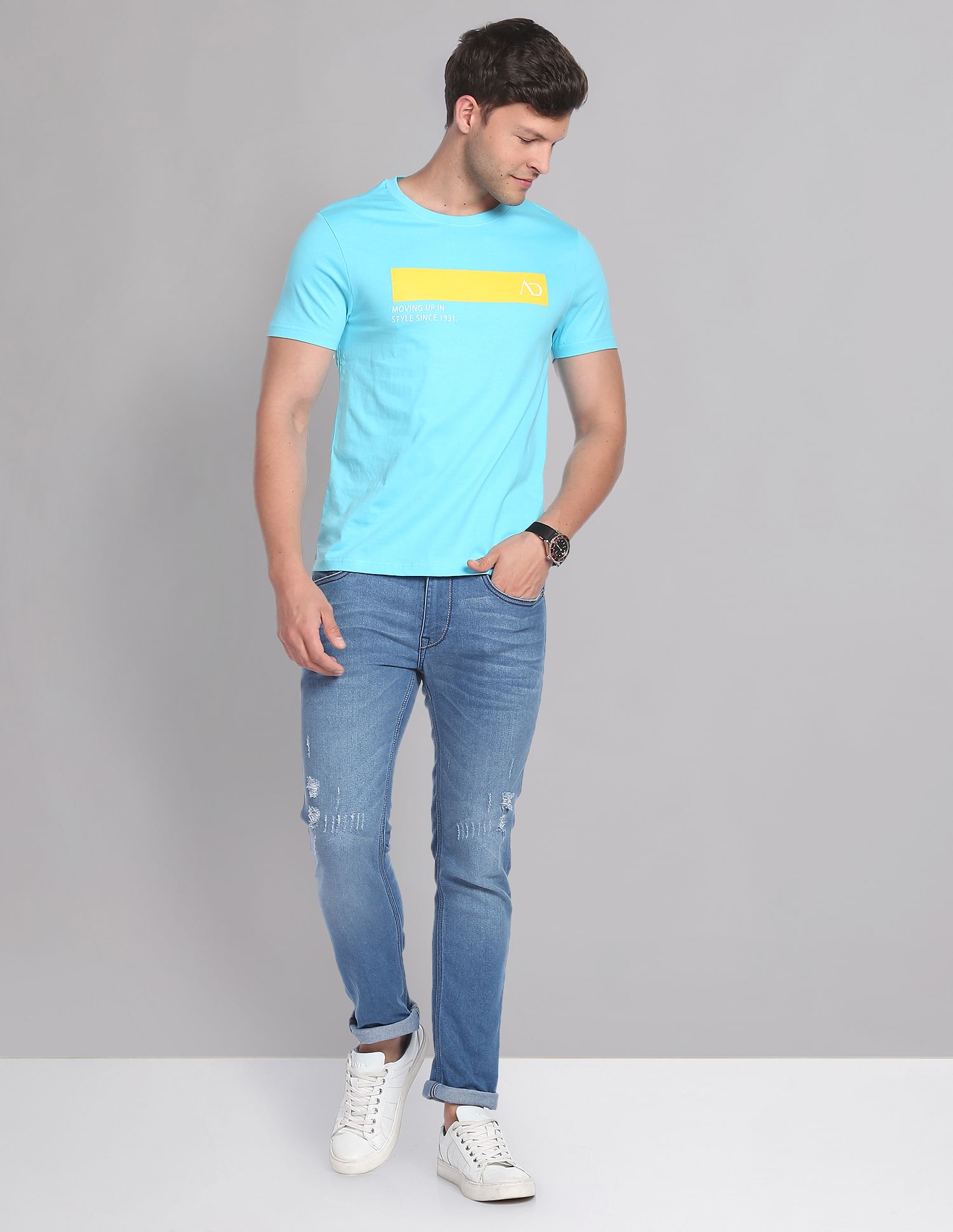 AD by Arvind Crew Neck Printed T-Shirt