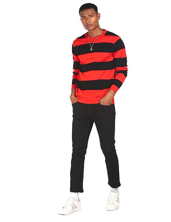 Black Crew Neck Striped Sweater - NNNOW 