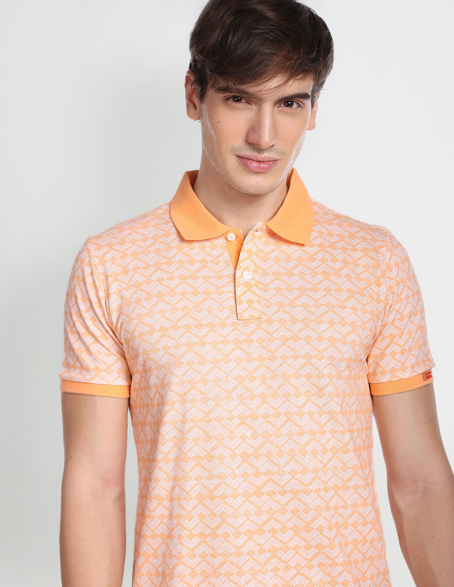 Flying Machine Geometric Print Cotton Polo Shirt
