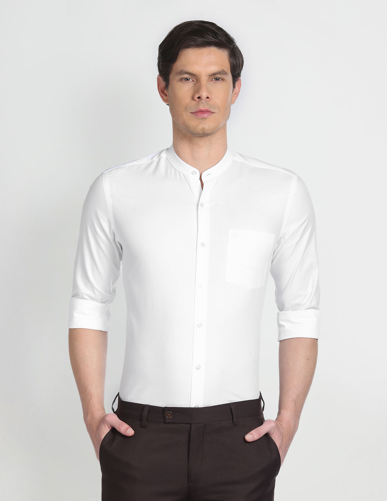 Arrow Mandarin Collar Self Design Formal Shirt