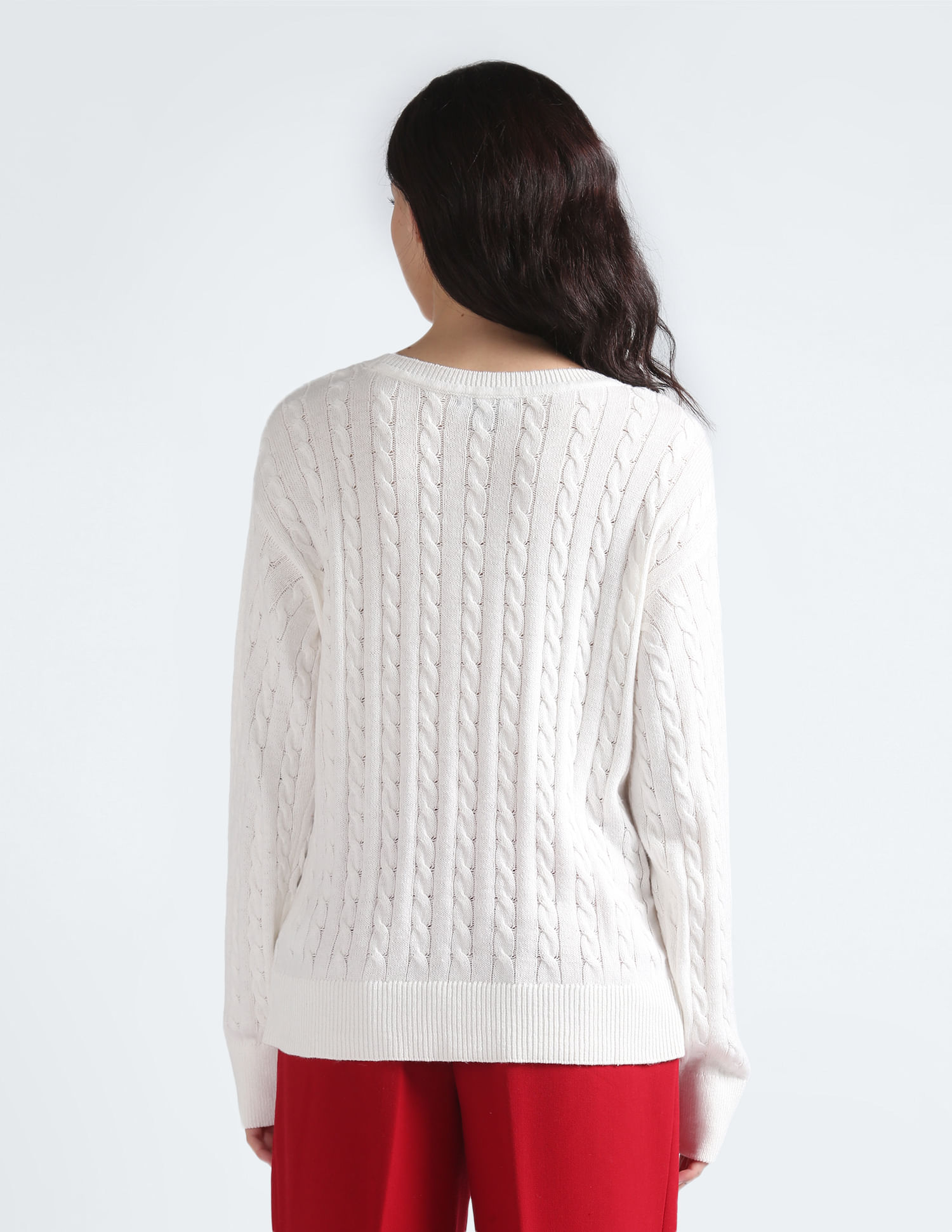 Tommy Hilfiger White Jumper V Neck Cable Knit Sweater White