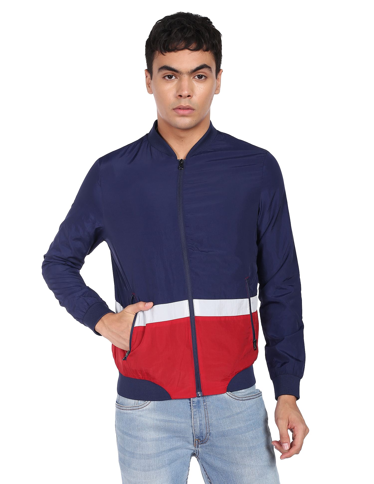 Flying Machine Stand Collar Colour Block Bomber Jacket