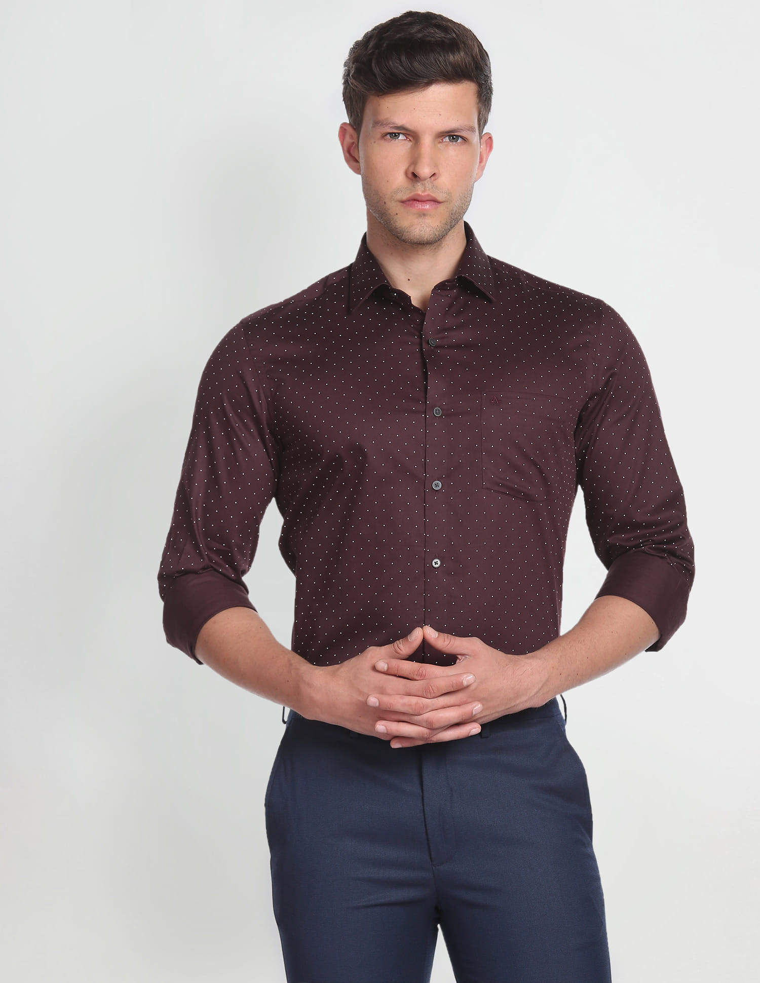 maroon polka dot shirt