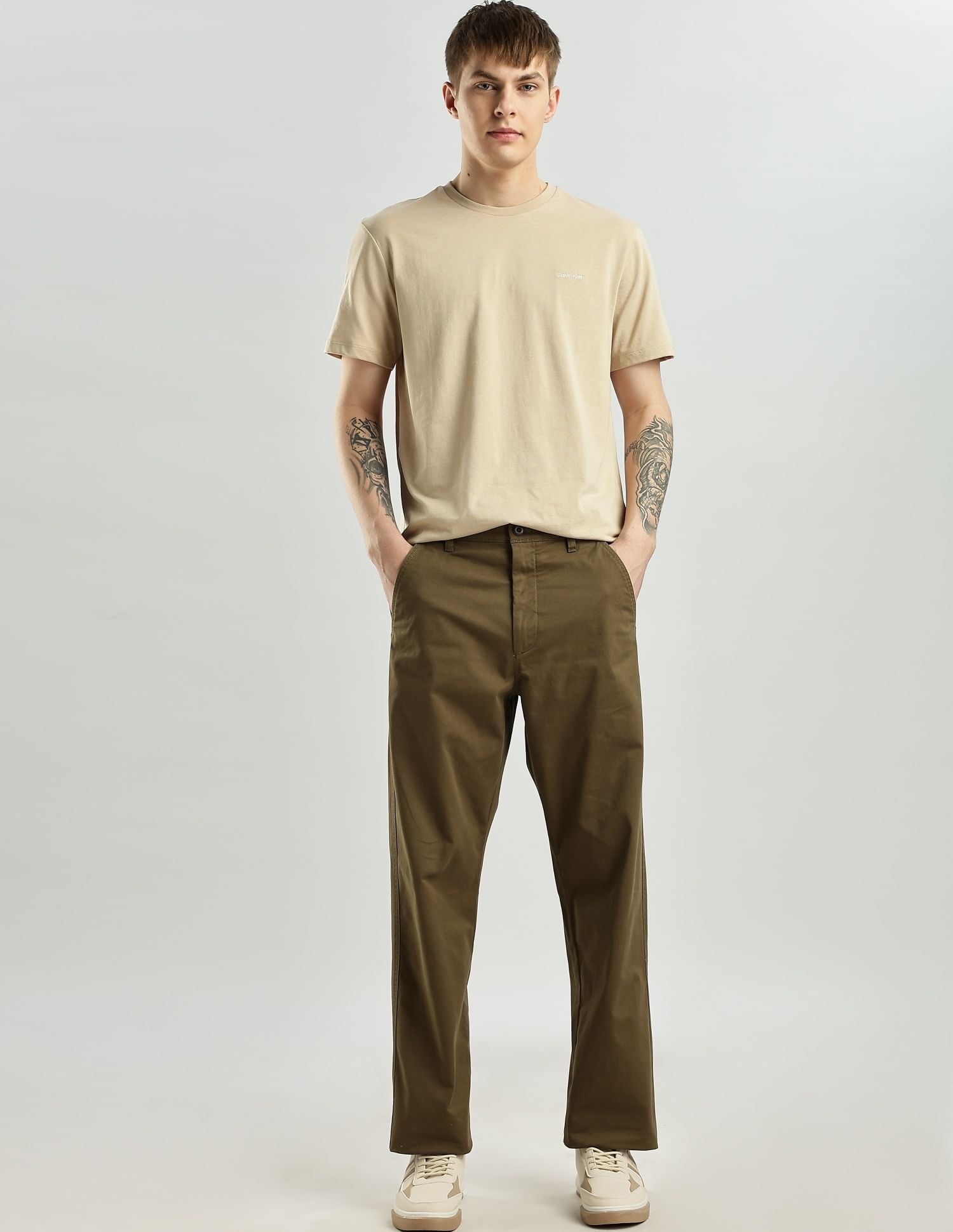 Calvin Klein Jeans Straight-Fit Solid Mid Rise Trousers