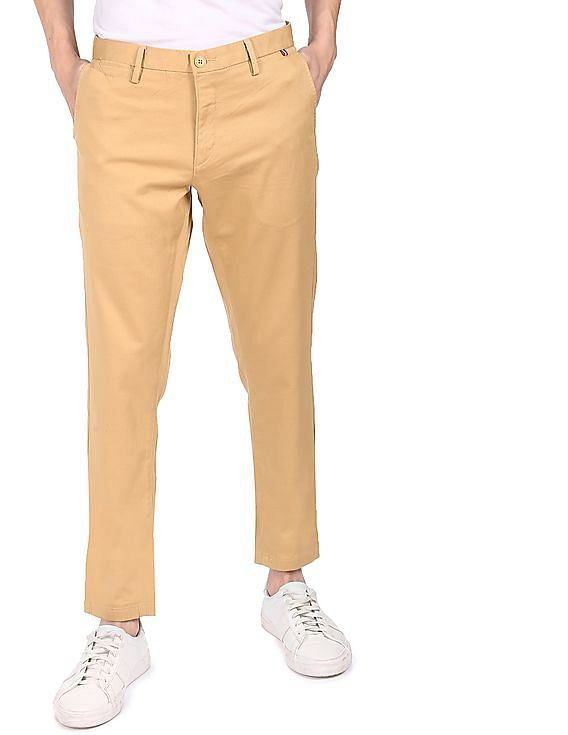 Buy Men Khaki Slim Fit Solid Flat Front Casual Trousers Online - 755257 |  Louis Philippe