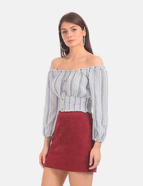 Aeropostale Women Blue And White Striped Off-Shoulder Top