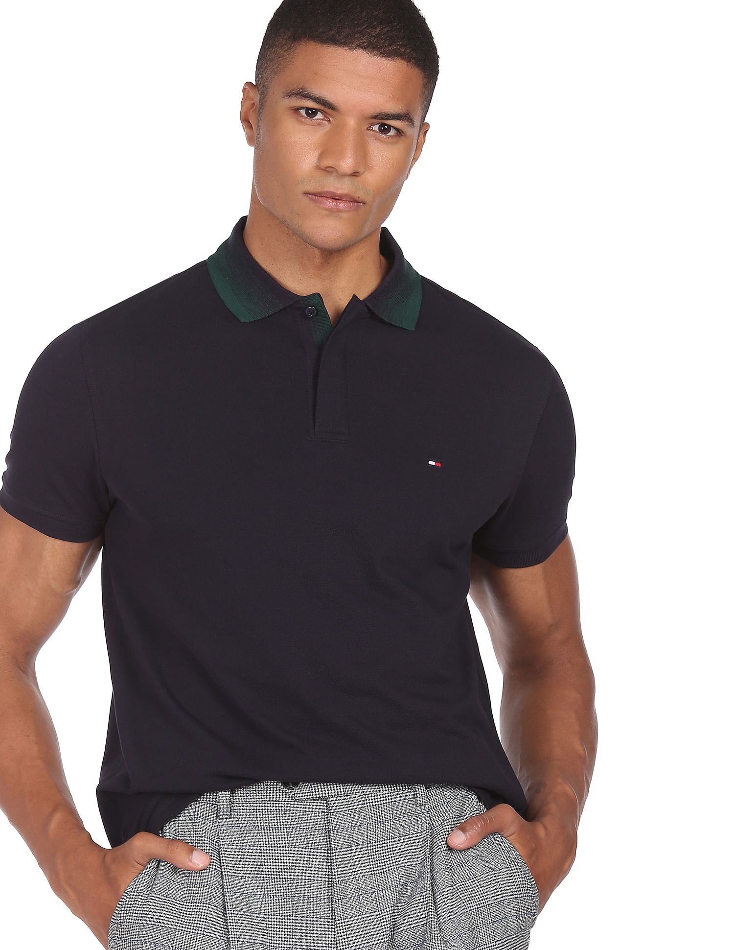 Buy Tommy Hilfiger Men Navy Mouline Collar Solid Cotton Polo Shirt