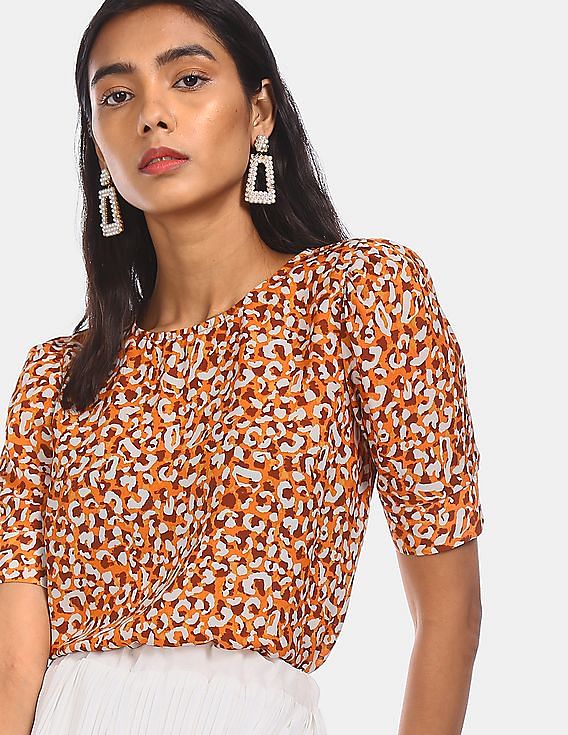 Buy Elle Studio Women Orange Puff Sleeve Animal Print Top 