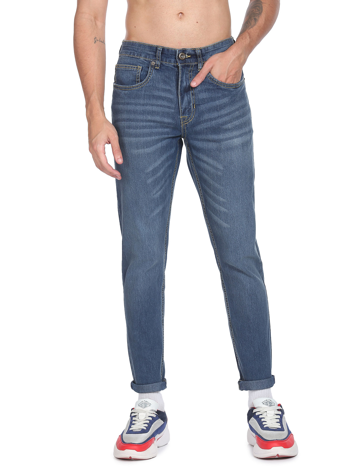 Flying Machine Stone Wash Slash Slim Tapered Fit Jeans