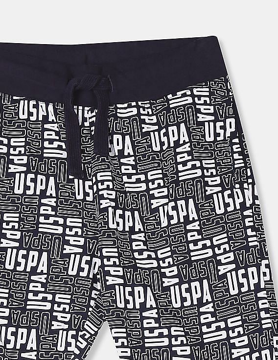 U.S. Polo Assn. Kids Boys Blue All Over Brand Print Knit Shorts