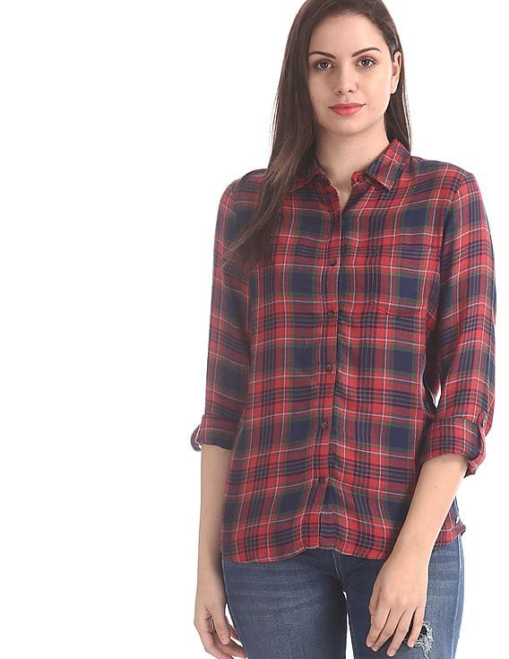 Women Red Spread Collar Check Shirt 