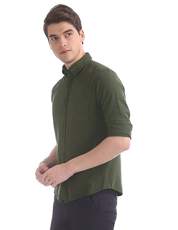 BLUEBIRD MEN'S OLIVE GREEN COTTON LYCRA FORMAL SHIRT | Veshbhoshaa