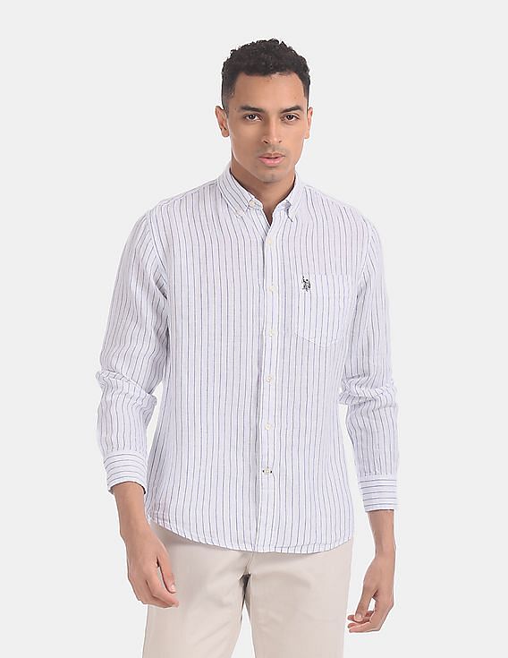 U.S. Polo Assn. Vertical Stripe Button Down Collar Linen Casual Shirt