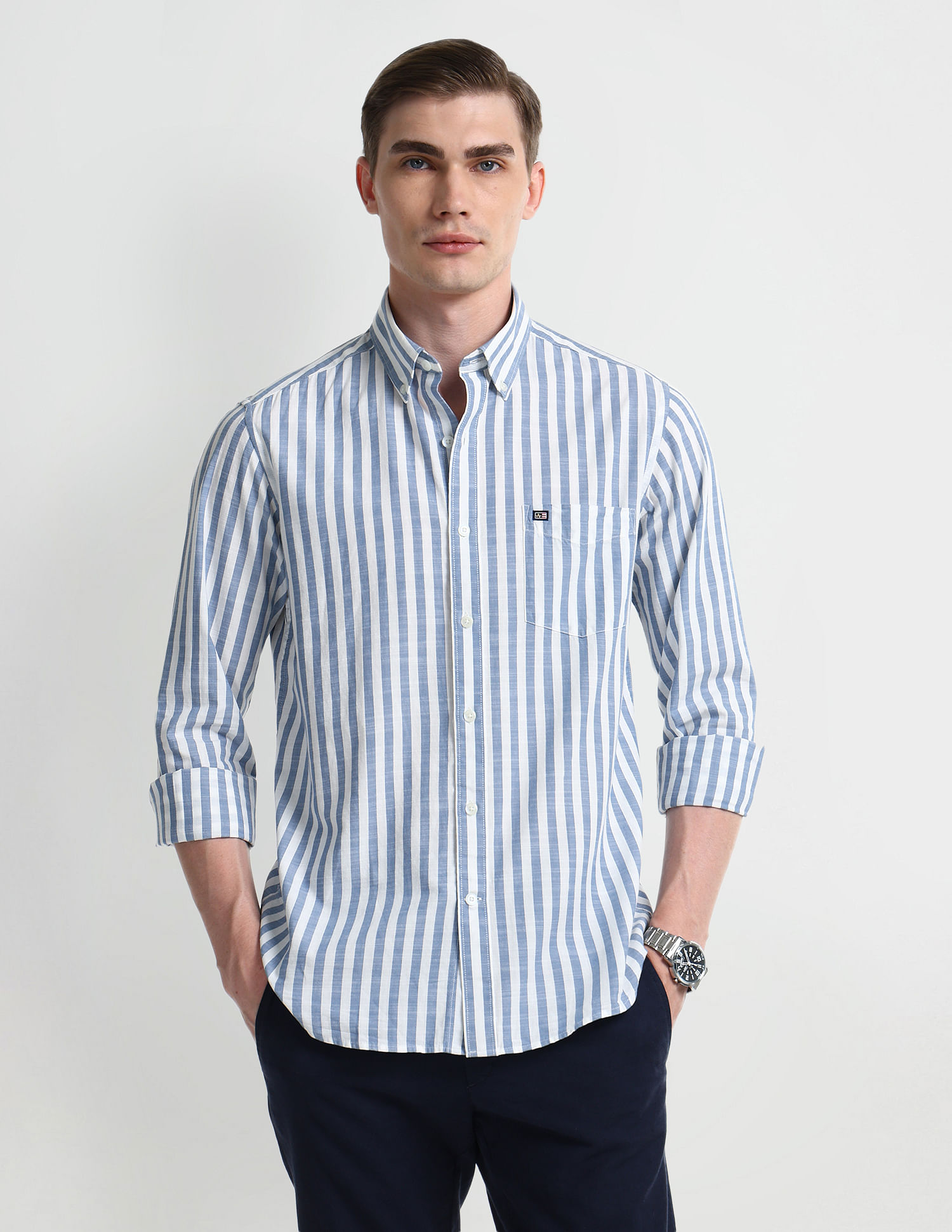 Arrow Sport Slim Cotton Vertical Stripes Shirt