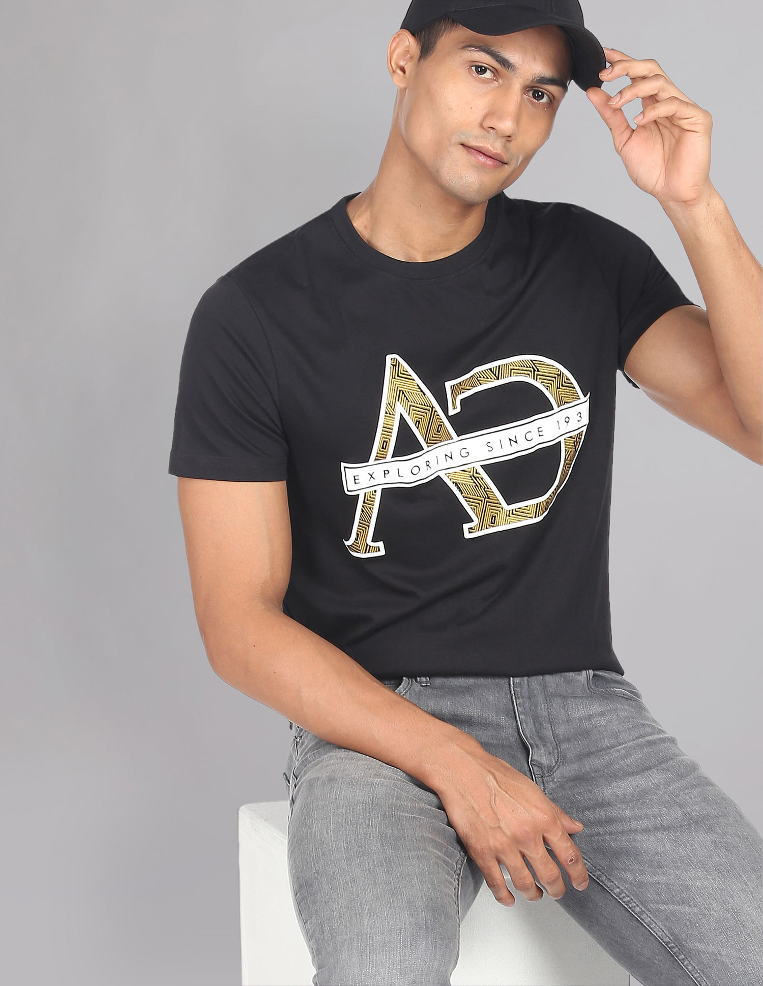 AD by Arvind Embossed Print Cotton T-Shirt