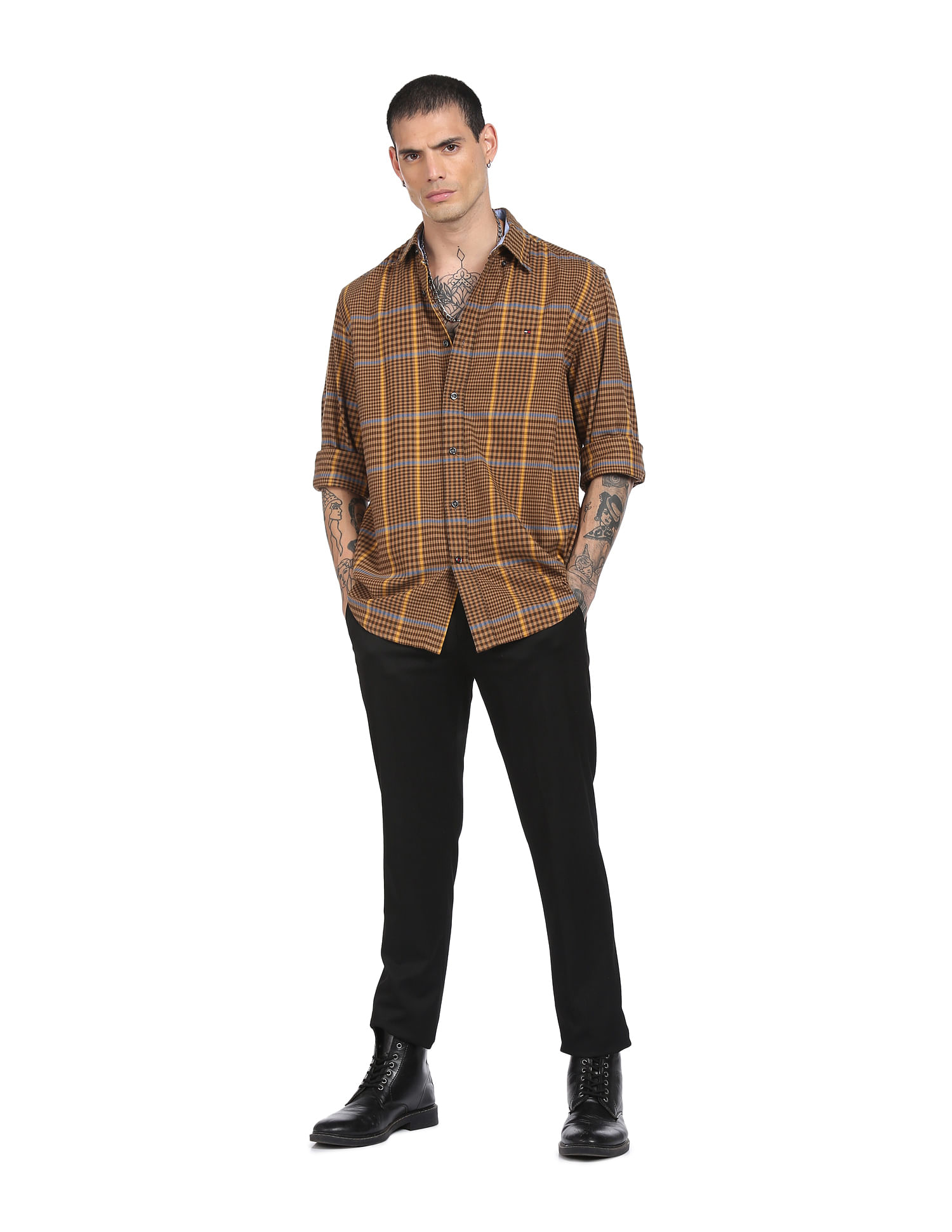 Tommy Hilfiger Men Brown Blakely Glen Check Twill Weave Casual Shirt