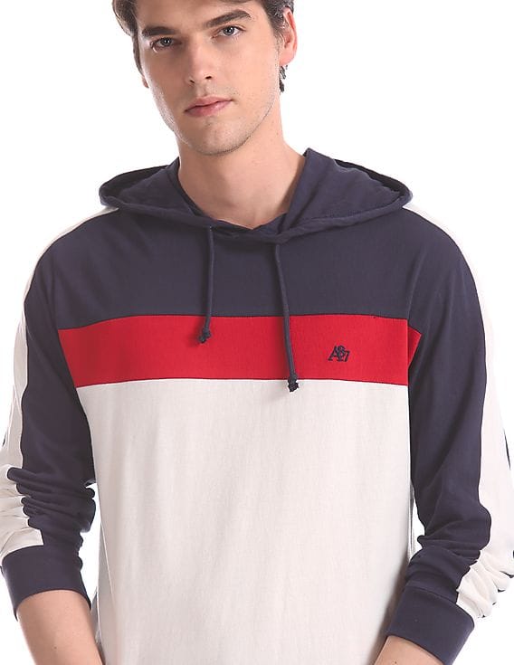 Blue Hooded Colour Block T-Shirt 