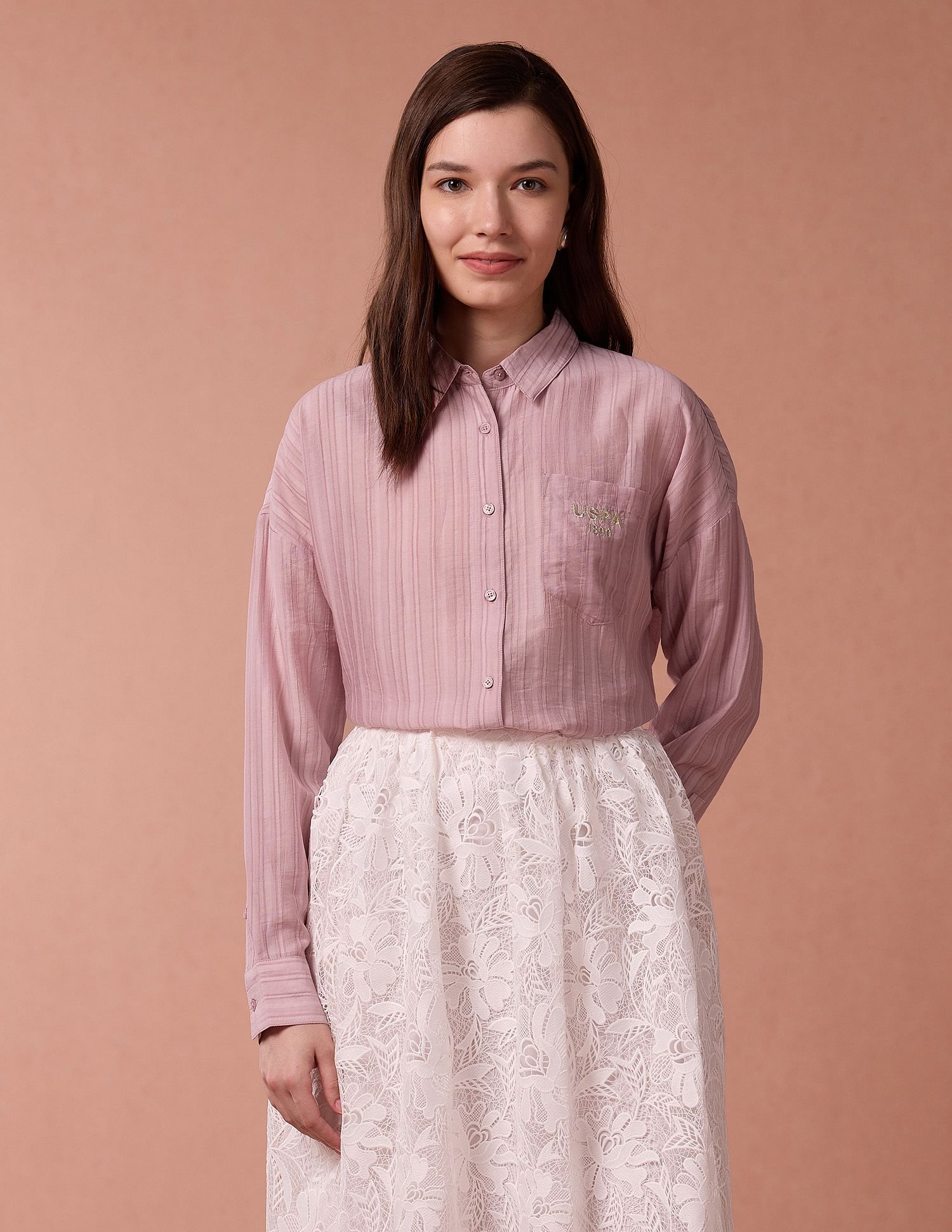 U.S. Polo Assn. Women Brand Embroidered Vertical Stripe Shirt