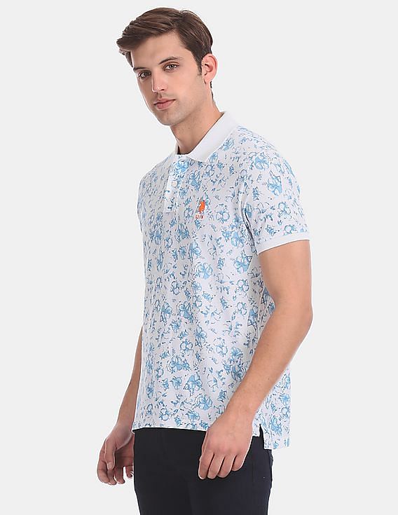 U.S. Polo Assn. White Allover Floral Print Pique Polo Shirt