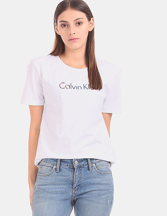 Buy Calvin Klein Women Women White Short Sleeve Logo T-Shirt