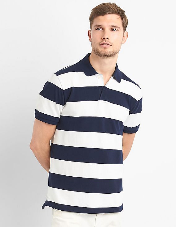 Buy GAP Men Blue Rugby Stripe Pique Polo Shirt In Stretch