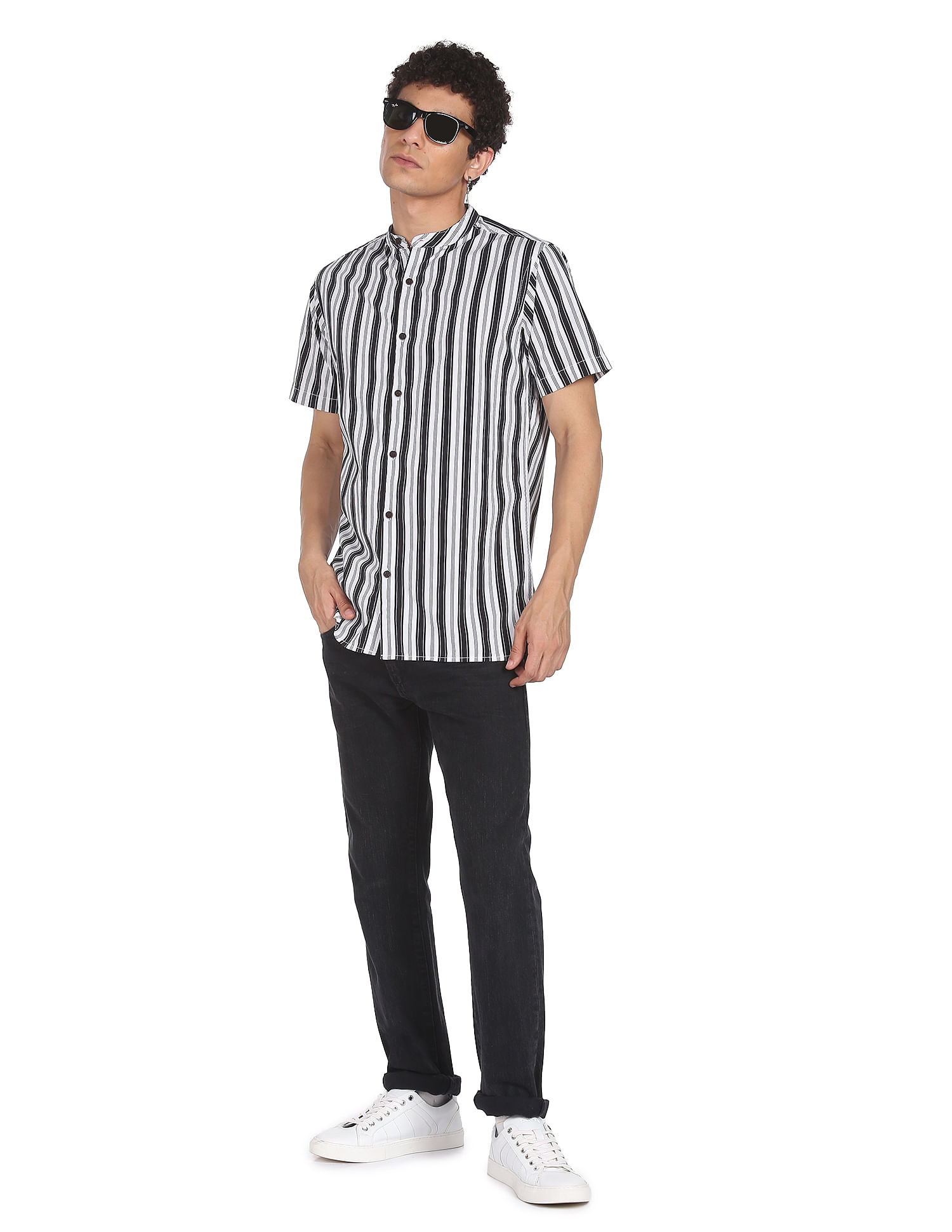 Flying Machine Mandarin Collar Cotton Shirt